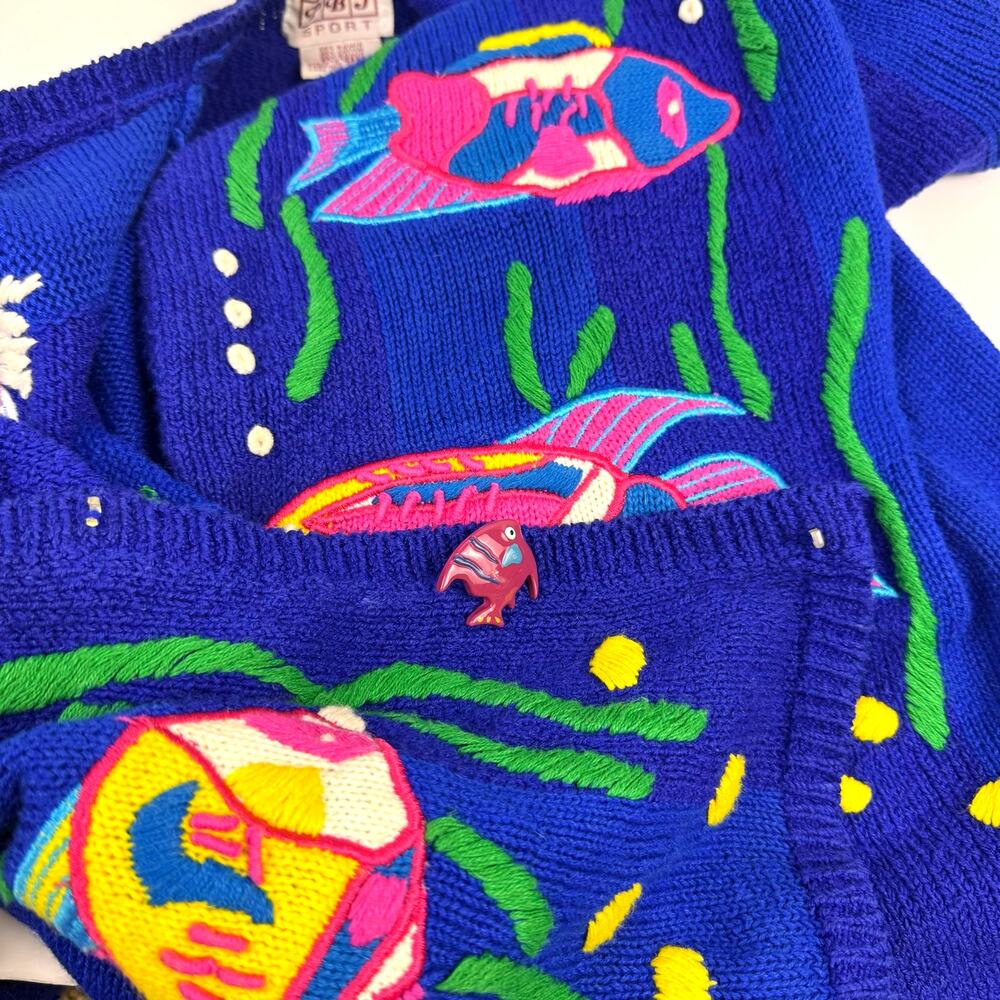 Vtg PBJ Sport Cardigan Sweater Embroidered Ocean Fish Sz S/P Quirky 90s Kidcore - Picture 15 of 16